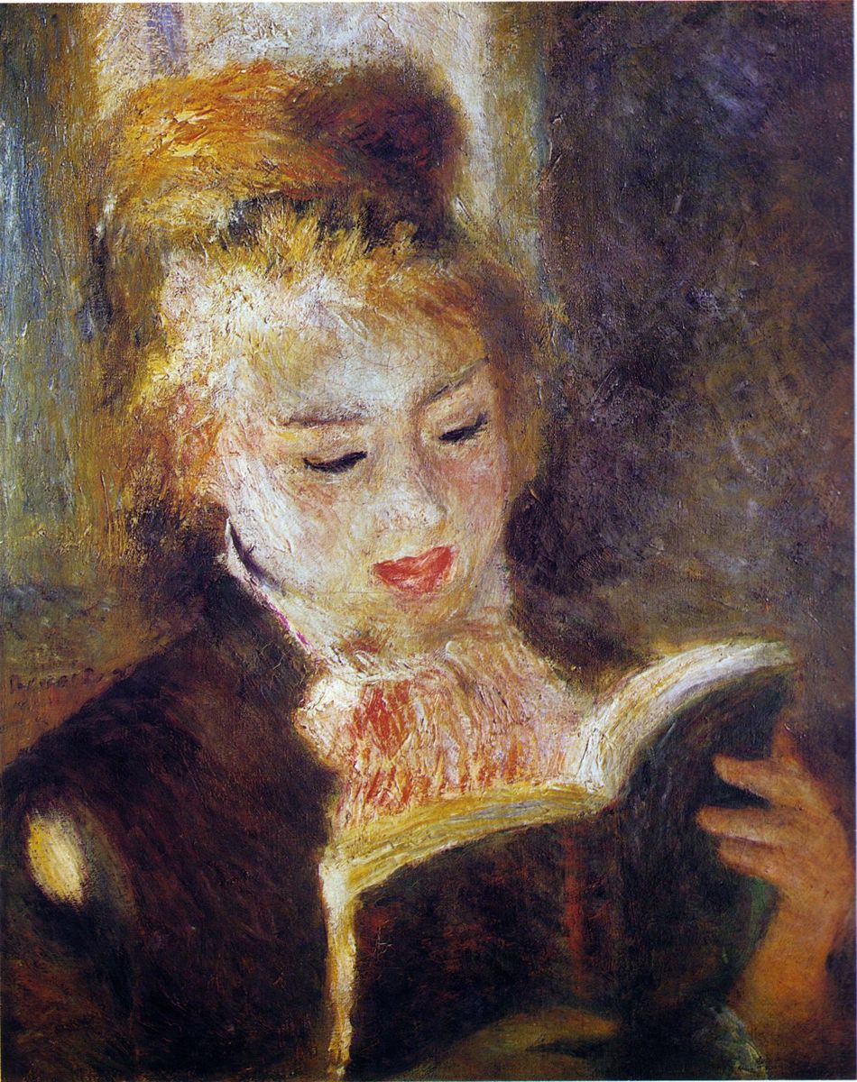 Renoir's La Liseuse: a young woman smiling over an open book, lit from the page